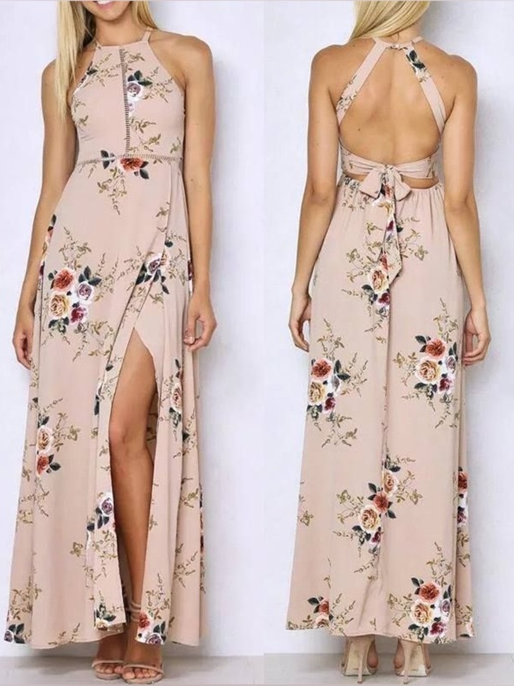 NWT Nude Pink Floral Halter Maxi Dress Open Back Leg Slit